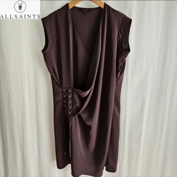 All Saints Dresses & Skirts - 🇬🇧 ALLSAINTS AURES Front Lace Mini Dress Olive Green Satin